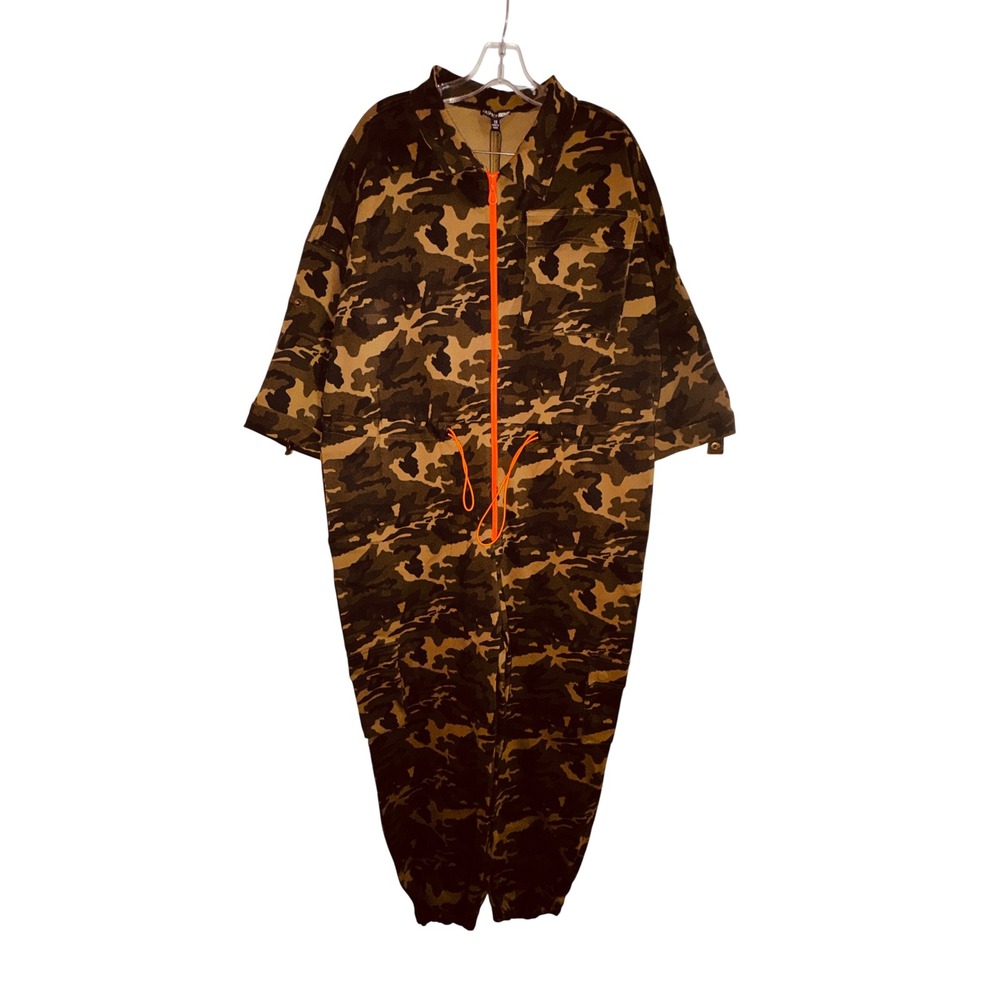 Fashion Nova Bootcamp Jumpsuit Camo Neon Orange Zip Plus Size 1X Hunter Y2K Fun